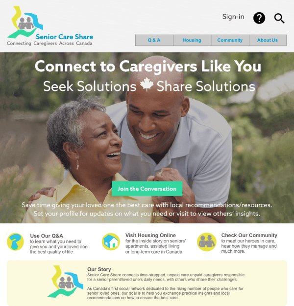 Home page of Senior Care Share site